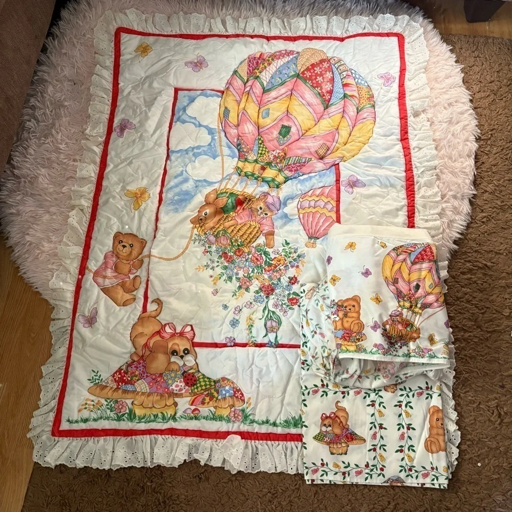 Vintage Hot Air Balloon Comforter Set Nursery Blanket Mushroom Teddy Bear Dog